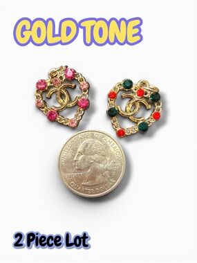 Lot of 2 CC Gold Tone Heart Zipper Pull Button Charms 20mm